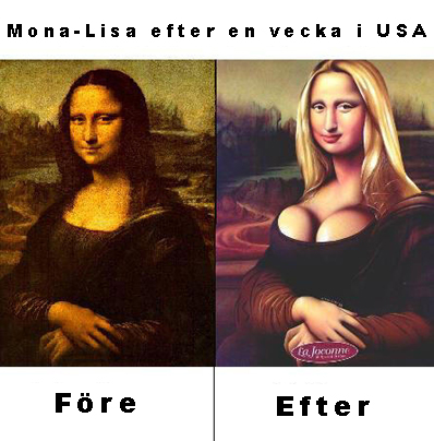 bild - Mona lisa i två versioner dels den klassiska och dels en retuschad med blonderat hår och silikonimplantat bl.a.