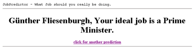 skärmdump - jobpredictor, text - gunther fliesenburgh, your ideal job is a prime minister